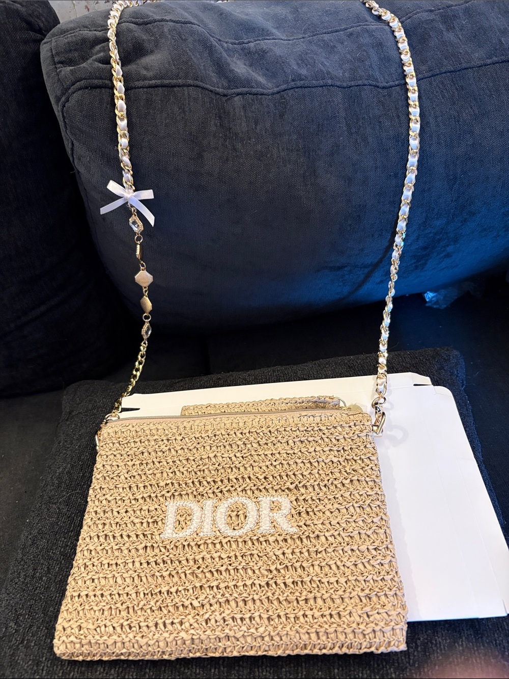 Dior Natural Raffia Crossbody Bag with Gold Chain